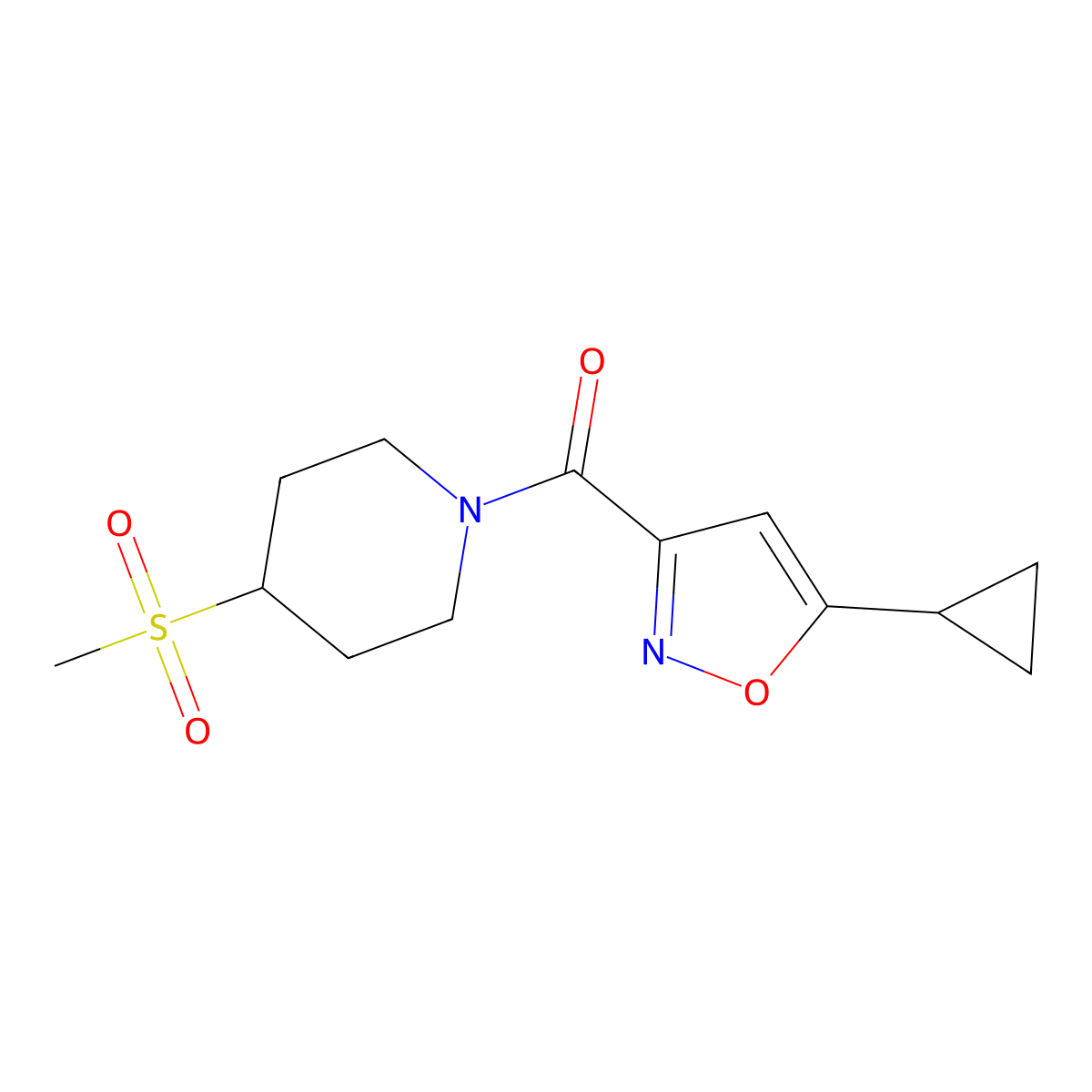 (5-Cyclopropylisoxazol-3-yl)(4-(methylsulfonyl)piperidin-1-yl)methanone molecular structure, CAS 1448056-35-6