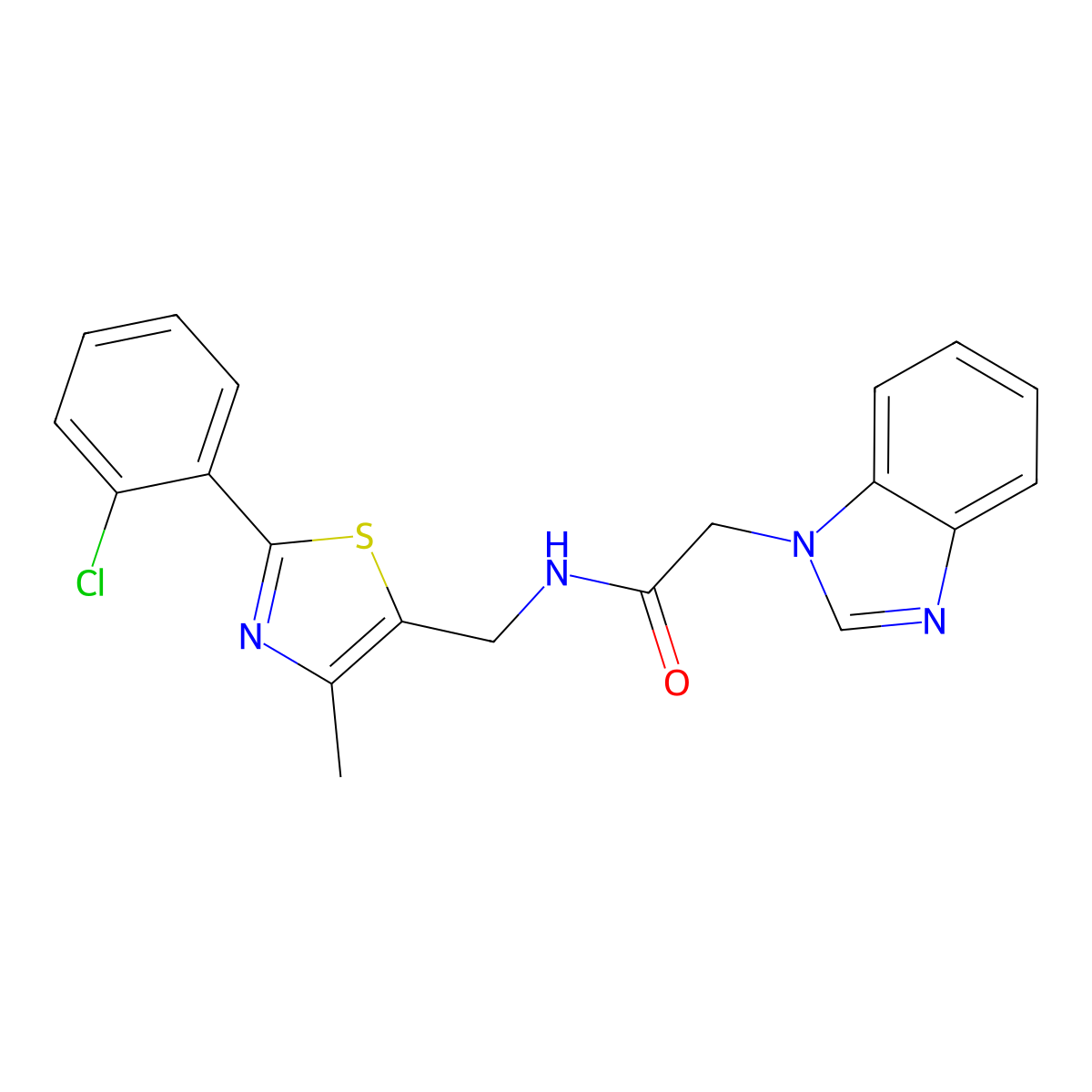 2-(1H-benzo[d]imidazol-1-yl)-N-((2-(2-chlorophenyl)-4-methylthiazol-5-yl)methyl)acetamide molecular structure, CAS 1448056-38-9
