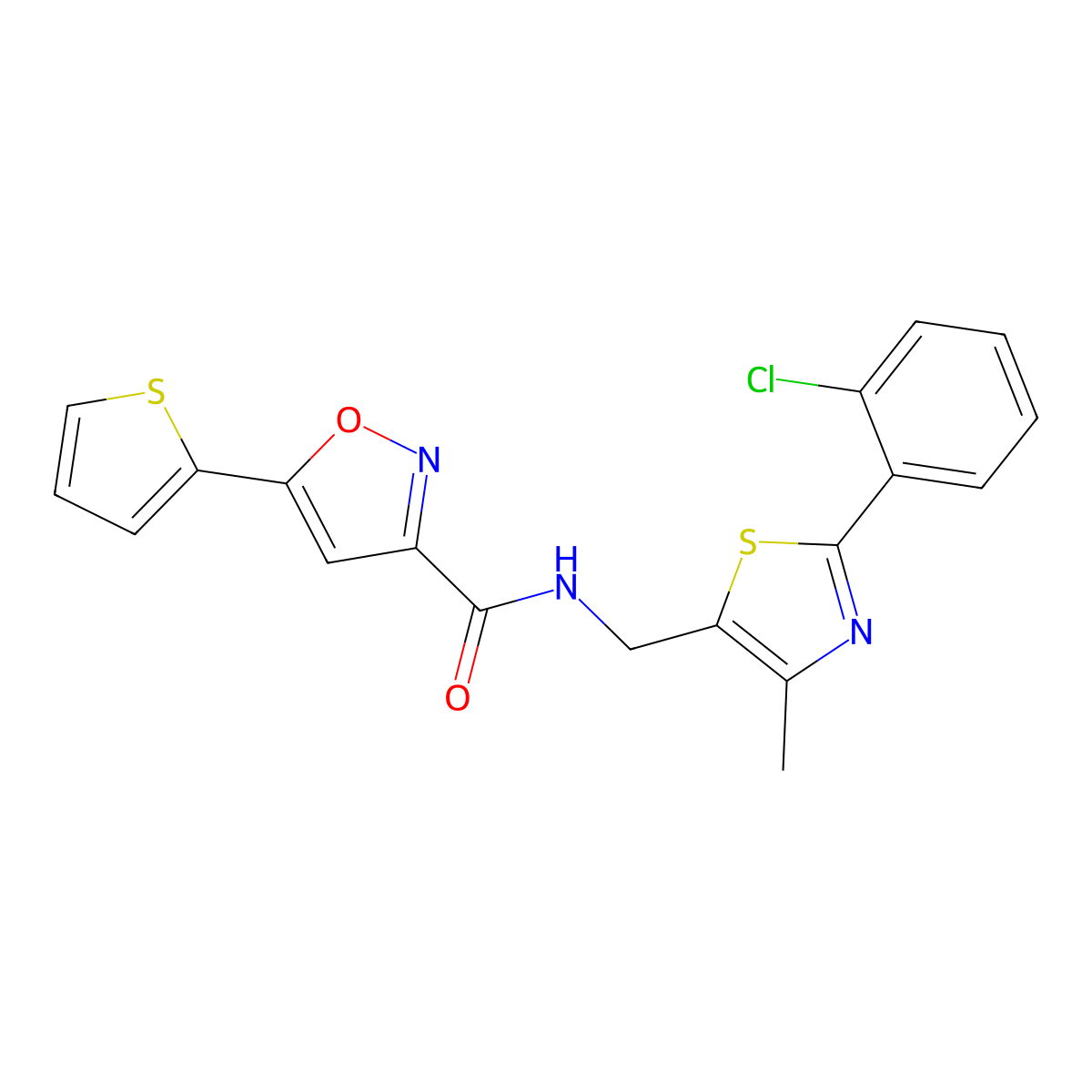 N-((2-(2-chlorophenyl)-4-methylthiazol-5-yl)methyl)-5-(thiophen-2-yl)isoxazole-3-carboxamide molecular structure, CAS 1448056-41-4