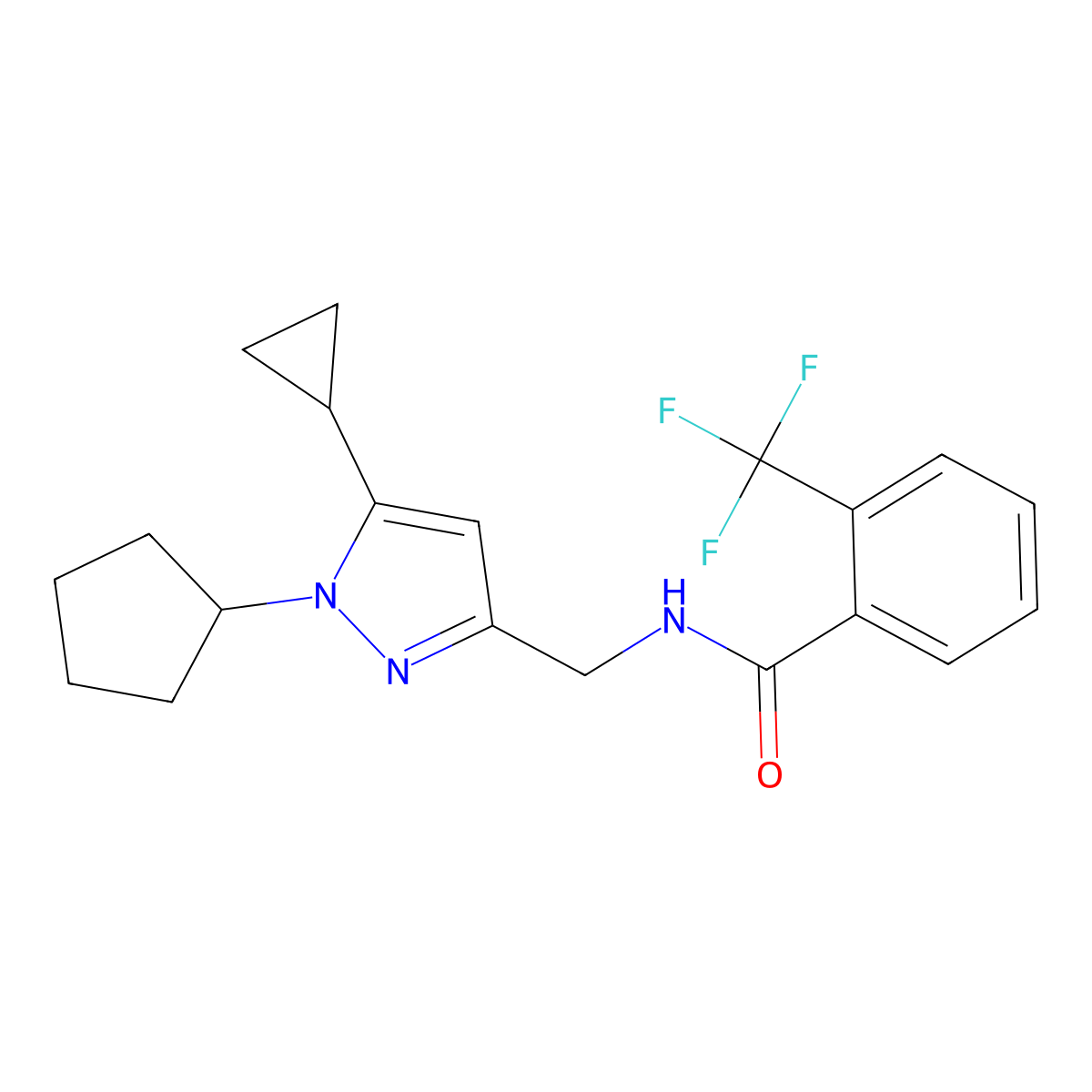 N-[(1-cyclopentyl-5-cyclopropyl-1H-pyrazol-3-yl)methyl]-2-(trifluoromethyl)benzamide molecular structure, CAS 1448056-43-6