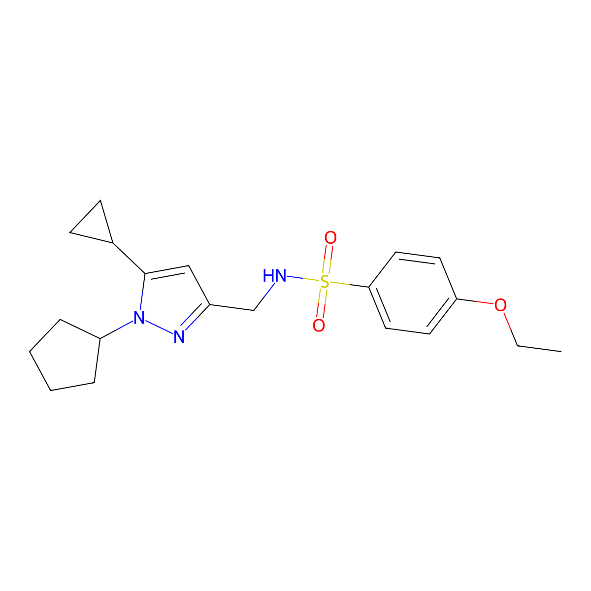 N-((1-cyclopentyl-5-cyclopropyl-1H-pyrazol-3-yl)methyl)-4-ethoxybenzenesulfonamide molecular structure, CAS 1448056-52-7