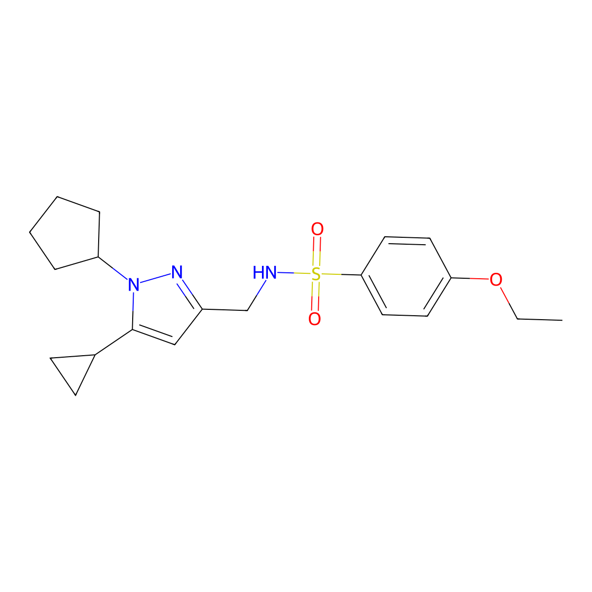 N-((1-cyclopentyl-5-cyclopropyl-1H-pyrazol-3-yl)methyl)-4-ethoxybenzenesulfonamide molecular structure, CAS 1448056-52-7