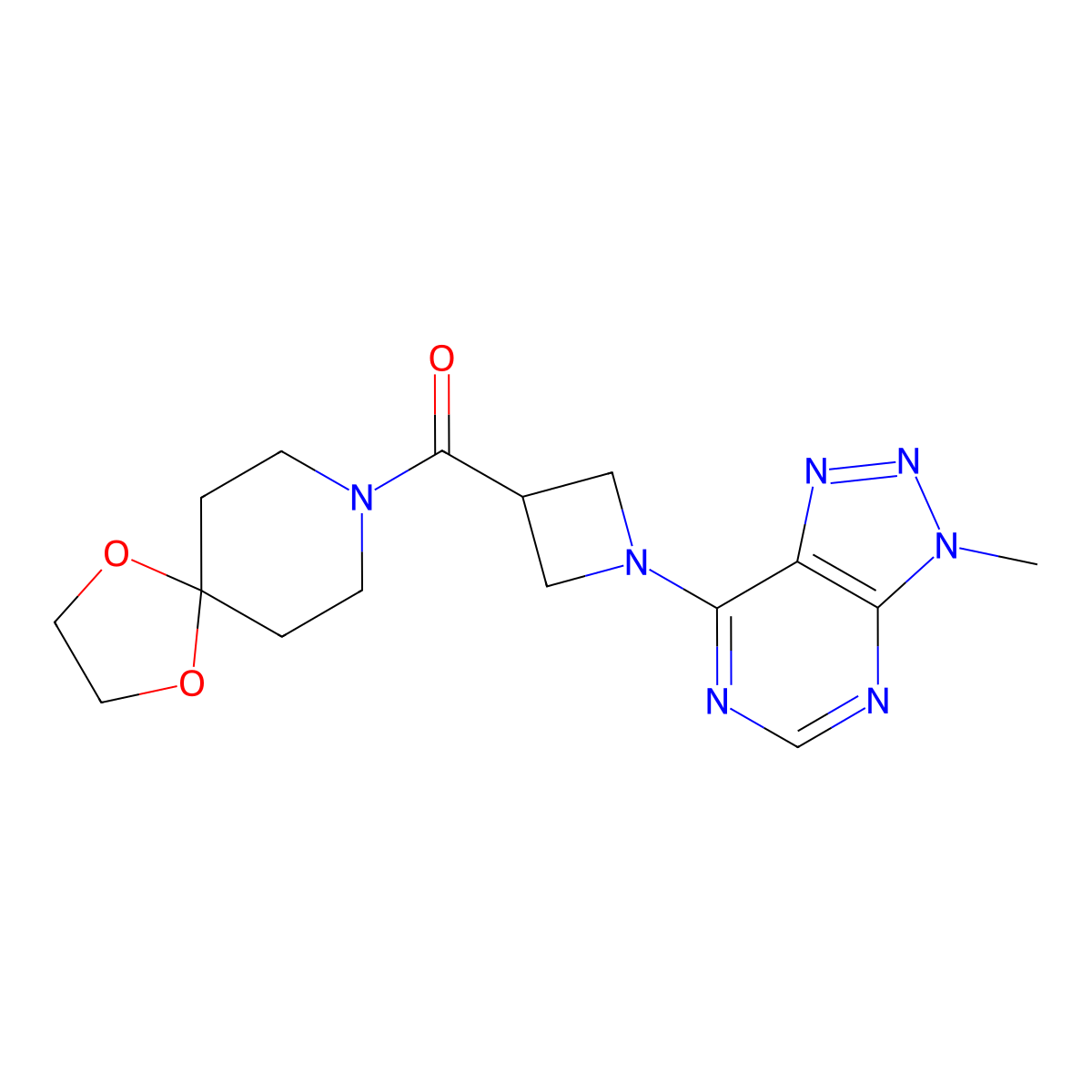 (1-(3-methyl-3H-[1,2,3]triazolo[4,5-d]pyrimidin-7-yl)azetidin-3-yl)(1,4-dioxa-8-azaspiro[4.5]decan-8-yl)methanone molecular structure, CAS 1448056-54-9