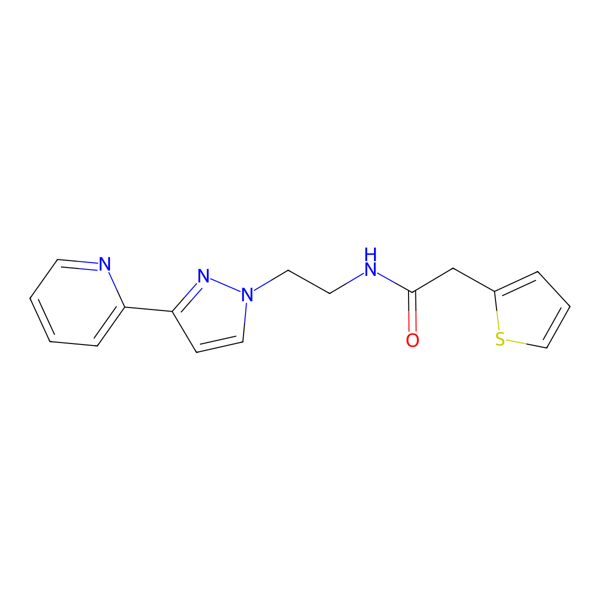 N-(2-(3-(pyridin-2-yl)-1H-pyrazol-1-yl)ethyl)-2-(thiophen-2-yl)acetamide molecular structure, CAS 1448056-60-7