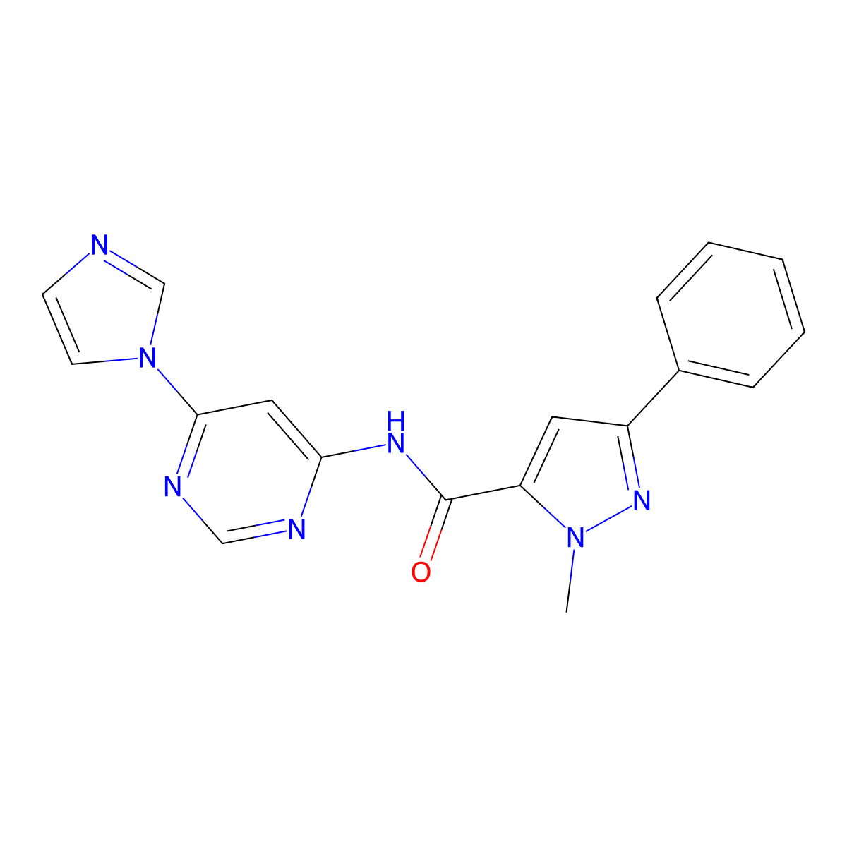 N-(6-(1H-imidazol-1-yl)pyrimidin-4-yl)-1-methyl-3-phenyl-1H-pyrazole-5-carboxamide molecular structure, CAS 1448056-69-6