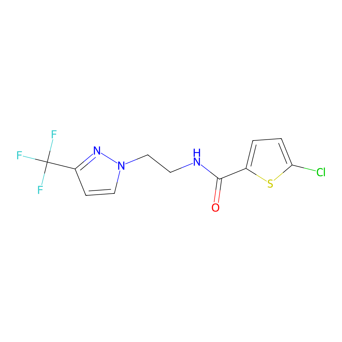 5-chloro-N-{2-[3-(trifluoromethyl)-1H-pyrazol-1-yl]ethyl}thiophene-2-carboxamide molecular structure, CAS 1448056-74-3