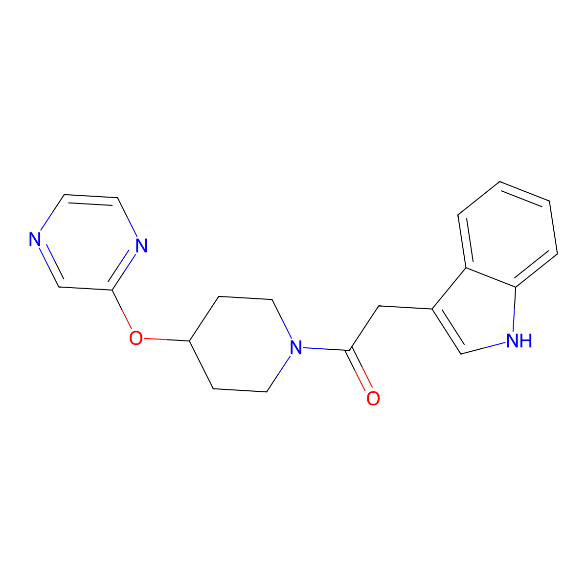 2-(1H-indol-3-yl)-1-(4-(pyrazin-2-yloxy)piperidin-1-yl)ethanone molecular structure, CAS 1448056-81-2