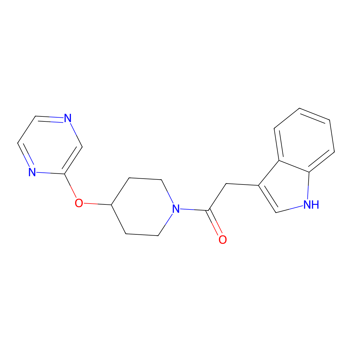 2-(1H-indol-3-yl)-1-(4-(pyrazin-2-yloxy)piperidin-1-yl)ethanone molecular structure, CAS 1448056-81-2