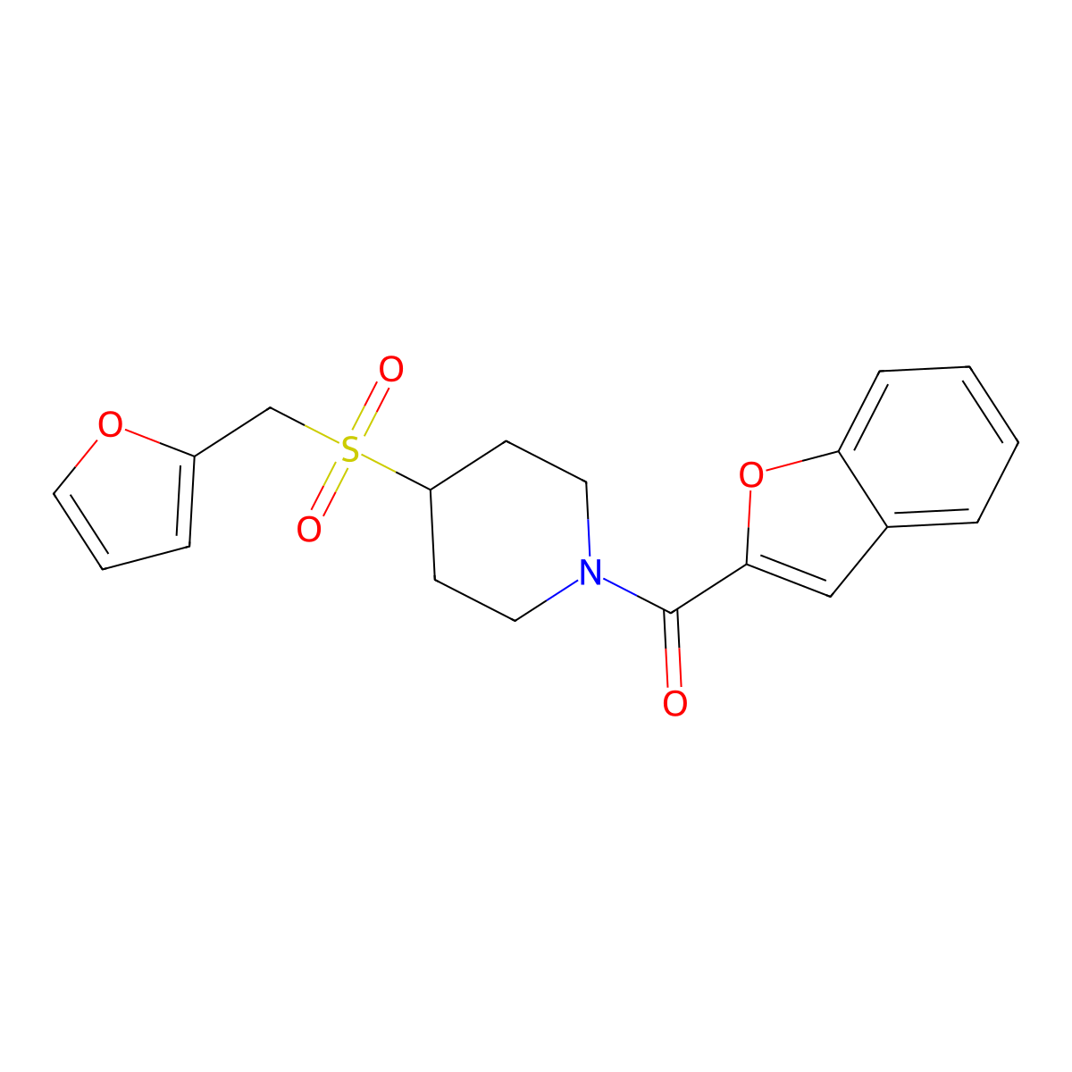 Benzofuran-2-yl(4-((furan-2-ylmethyl)sulfonyl)piperidin-1-yl)methanone molecular structure, CAS 1448056-87-8