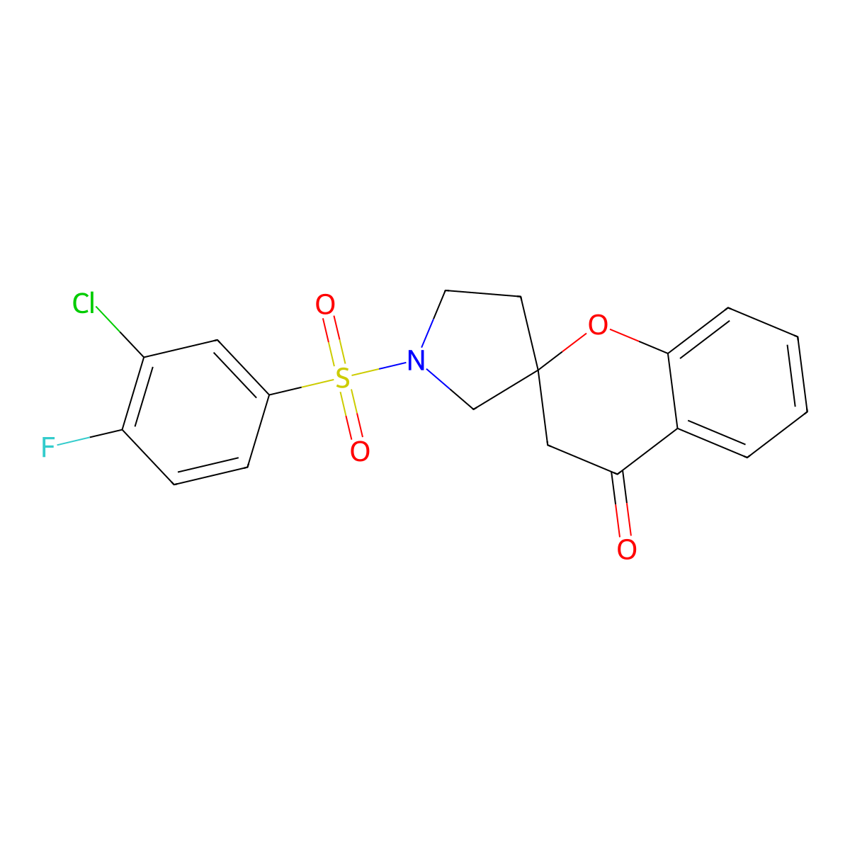 1'-((3-Chloro-4-fluorophenyl)sulfonyl)spiro[chroman-2,3'-pyrrolidin]-4-one molecular structure, CAS 1448056-89-0