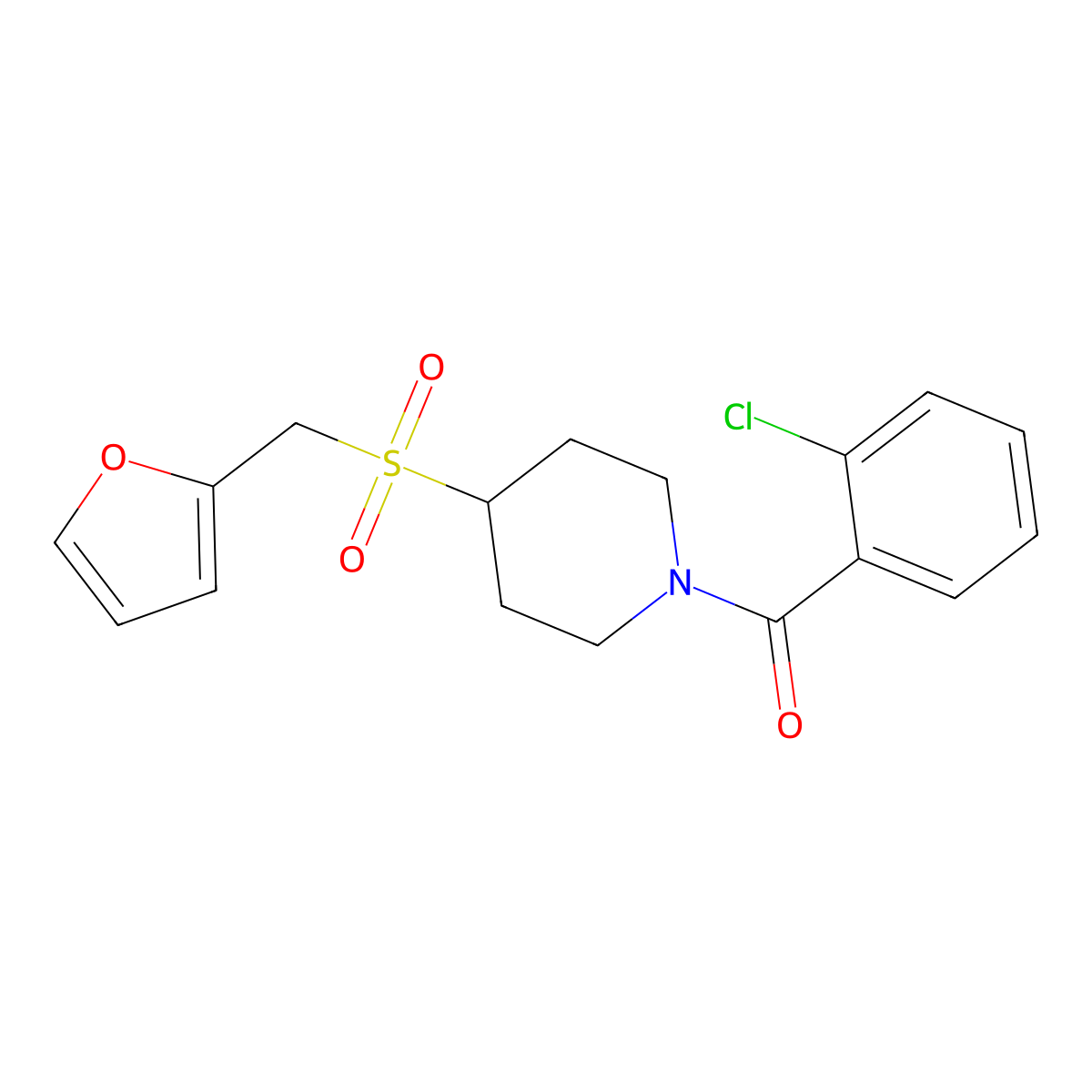 (2-Chlorophenyl)(4-((furan-2-ylmethyl)sulfonyl)piperidin-1-yl)methanone molecular structure, CAS 1448056-94-7