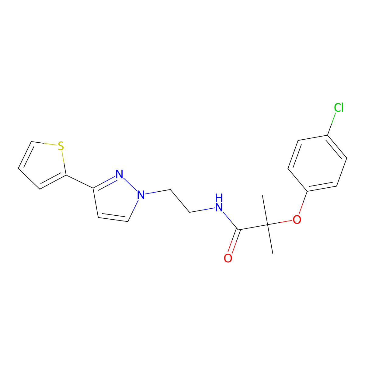 2-(4-chlorophenoxy)-2-methyl-N-(2-(3-(thiophen-2-yl)-1H-pyrazol-1-yl)ethyl)propanamide molecular structure, CAS 1448057-00-8