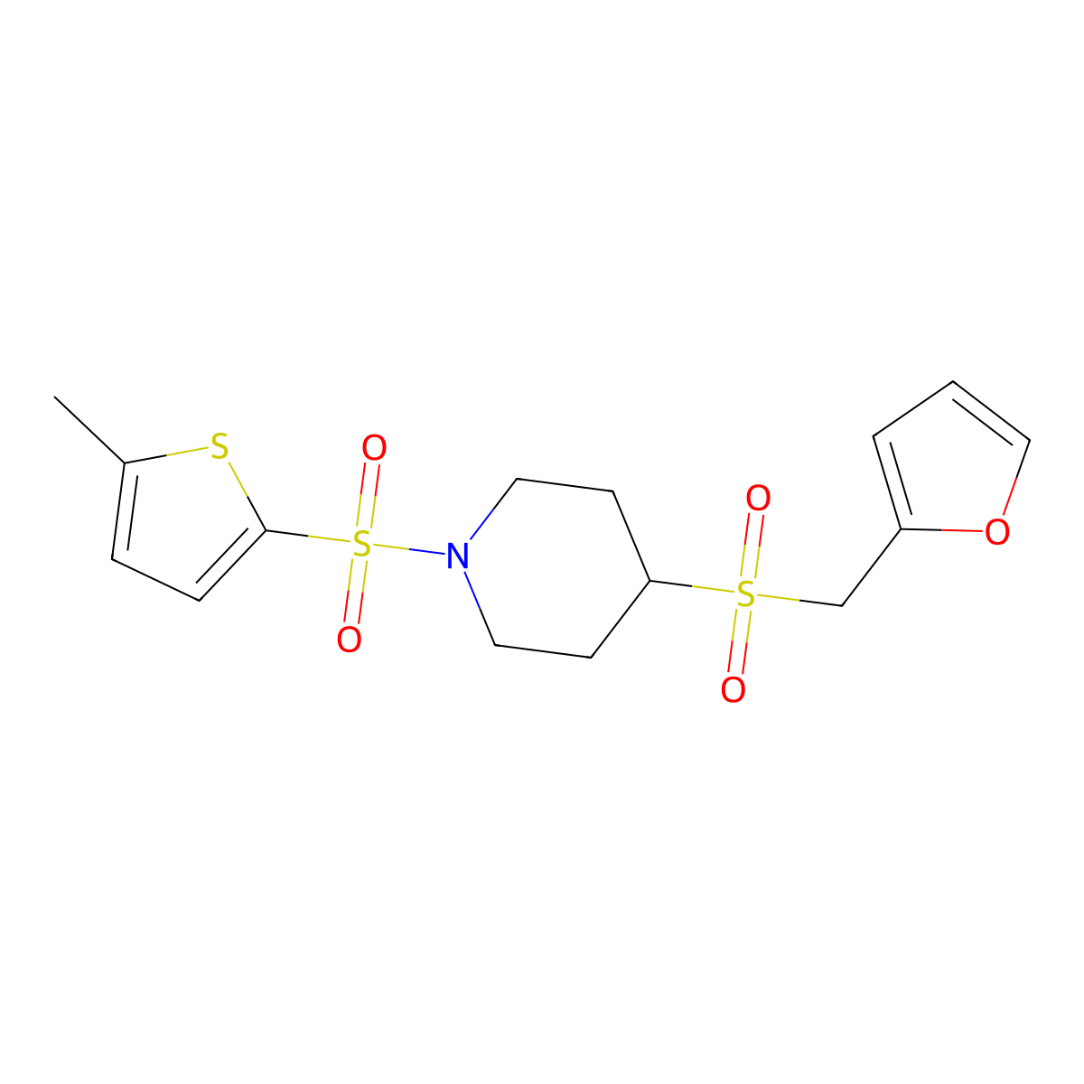 4-((Furan-2-ylmethyl)sulfonyl)-1-((5-methylthiophen-2-yl)sulfonyl)piperidine molecular structure, CAS 1448057-02-0