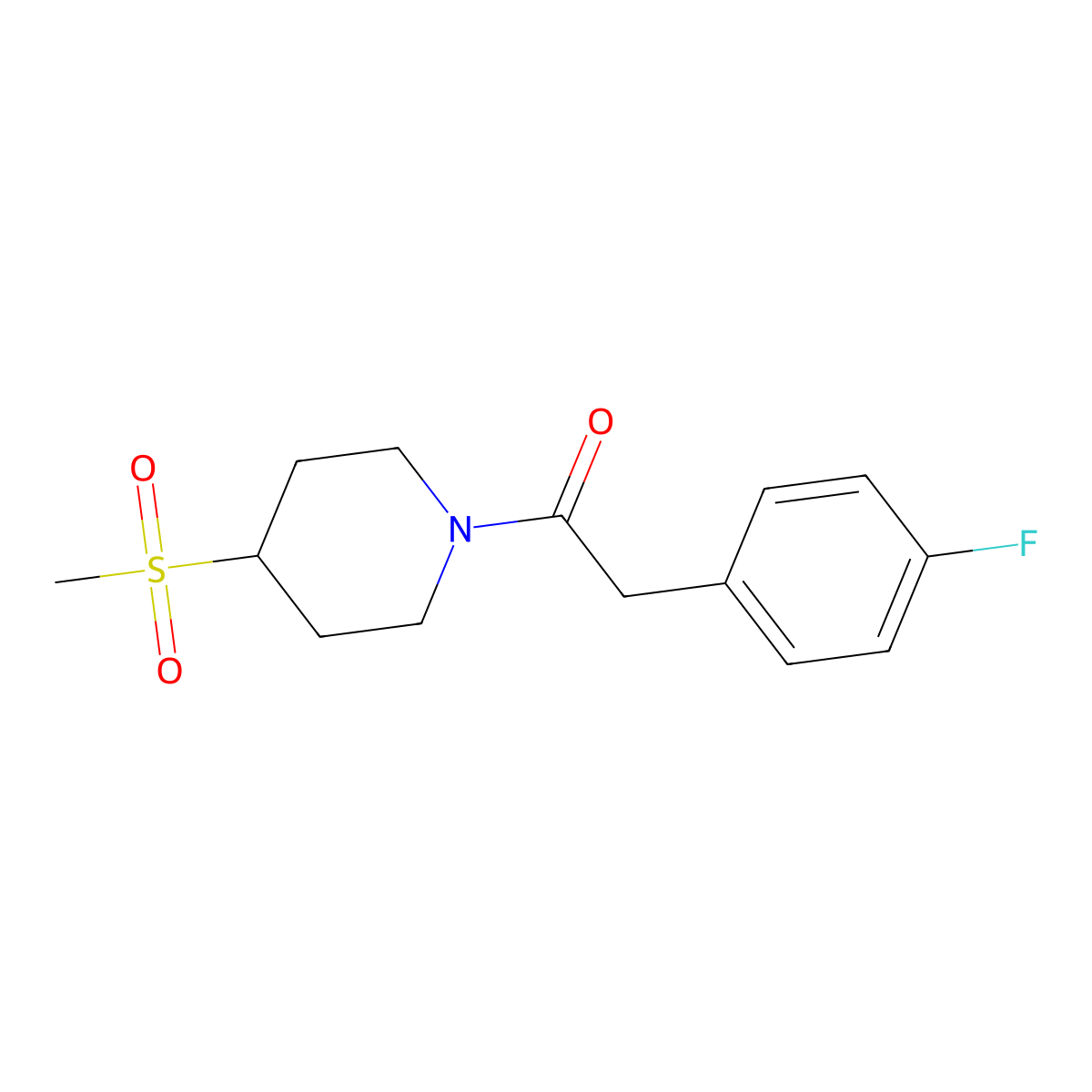 2-(4-Fluorophenyl)-1-(4-(methylsulfonyl)piperidin-1-yl)ethanone molecular structure, CAS 1448057-17-7