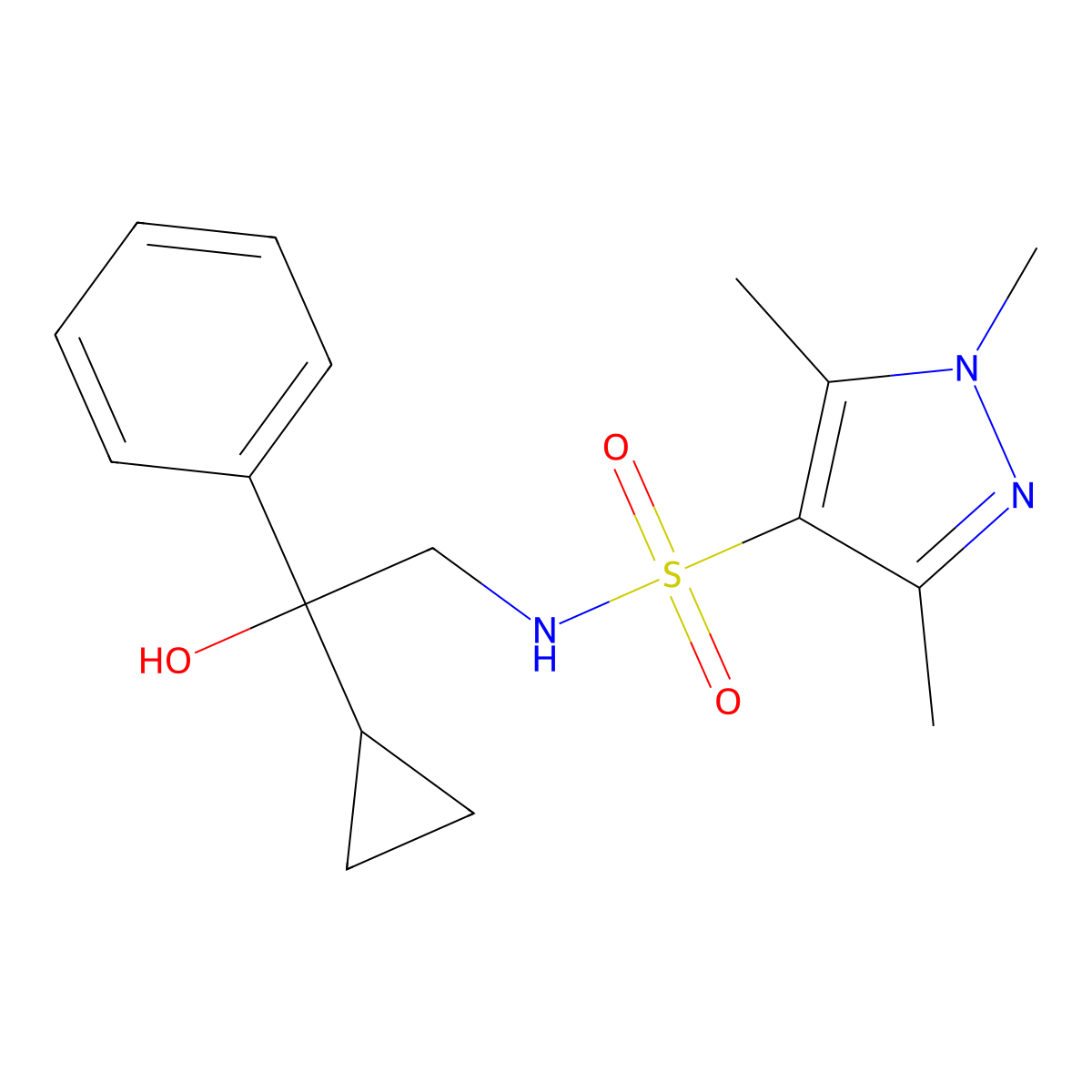 N-(2-cyclopropyl-2-hydroxy-2-phenylethyl)-1,3,5-trimethyl-1H-pyrazole-4-sulfonamide molecular structure, CAS 1448057-19-9