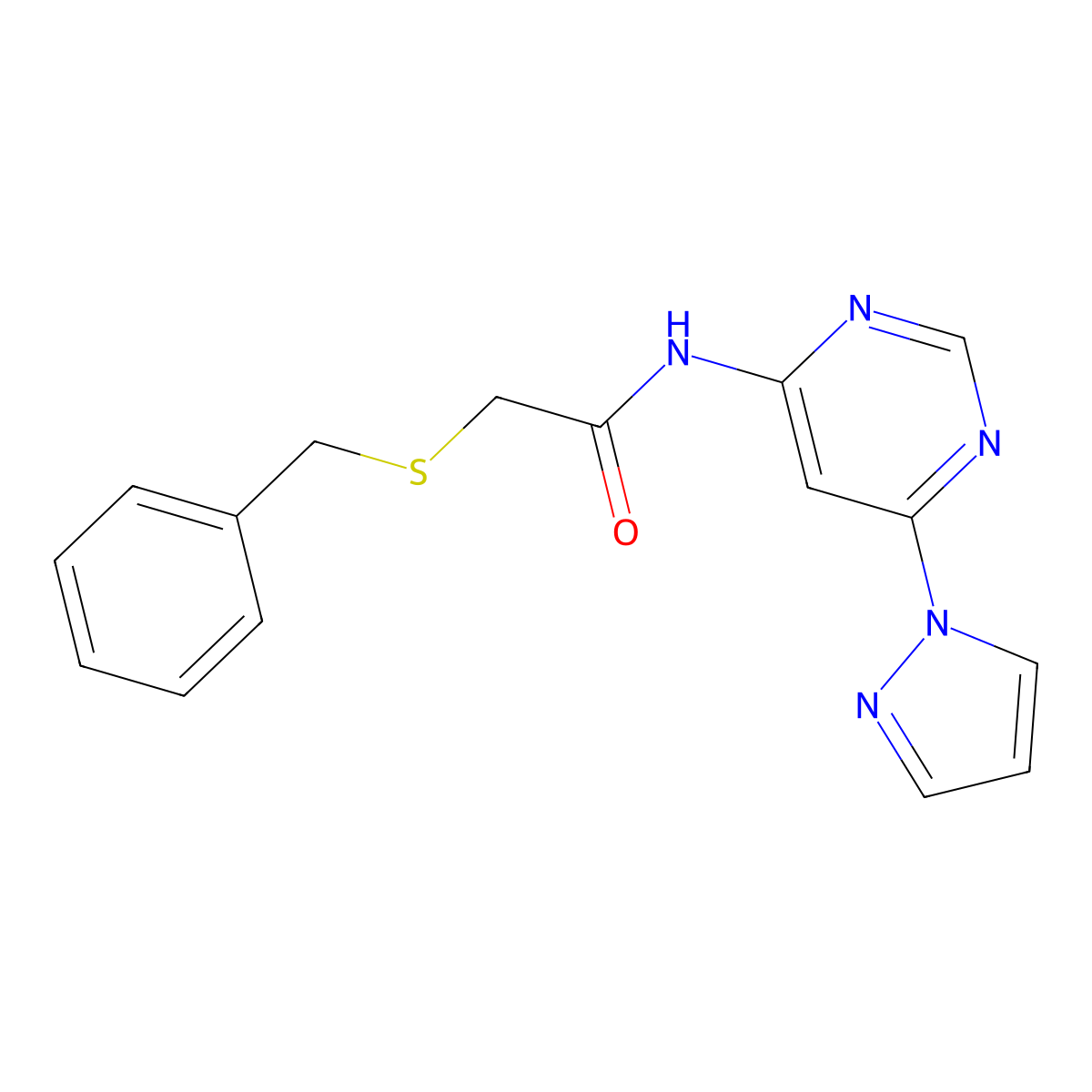 N-(6-(1H-pyrazol-1-yl)pyrimidin-4-yl)-2-(benzylthio)acetamide molecular structure, CAS 1448057-27-9
