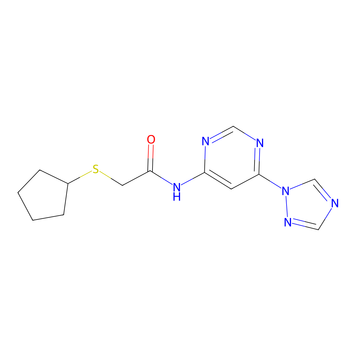 N-(6-(1H-1,2,4-triazol-1-yl)pyrimidin-4-yl)-2-(cyclopentylthio)acetamide molecular structure, CAS 1448057-34-8