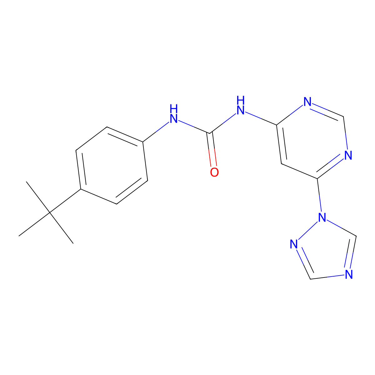 1-(6-(1H-1,2,4-triazol-1-yl)pyrimidin-4-yl)-3-(4-(tert-butyl)phenyl)urea molecular structure, CAS 1448057-41-7