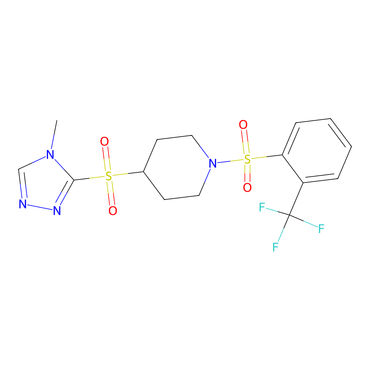 4-((4-methyl-4H-1,2,4-triazol-3-yl)sulfonyl)-1-((2-(trifluoromethyl)phenyl)sulfonyl)piperidine molecular structure, CAS 1448057-43-9