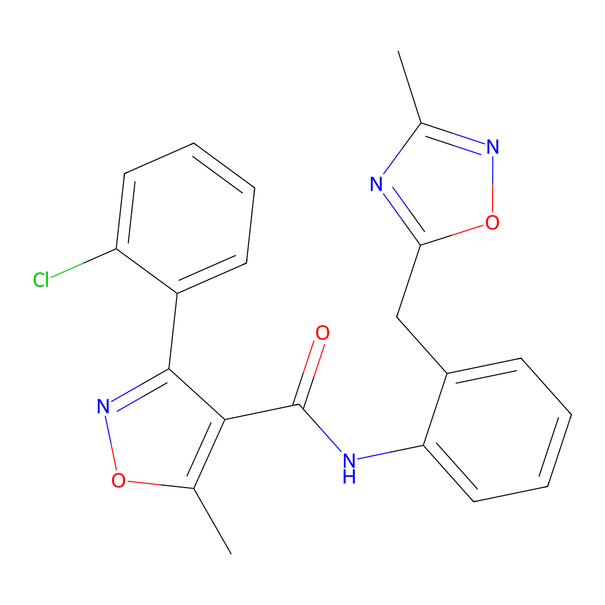 3-(2-chlorophenyl)-5-methyl-N-(2-((3-methyl-1,2,4-oxadiazol-5-yl)methyl)phenyl)isoxazole-4-carboxamide molecular structure, CAS 1448057-46-2