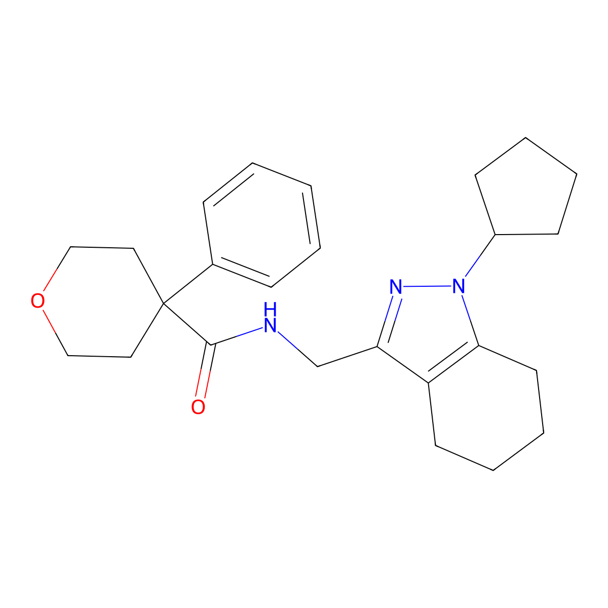 N-((1-cyclopentyl-4,5,6,7-tetrahydro-1H-indazol-3-yl)methyl)-4-phenyltetrahydro-2H-pyran-4-carboxamide molecular structure, CAS 1448057-48-4