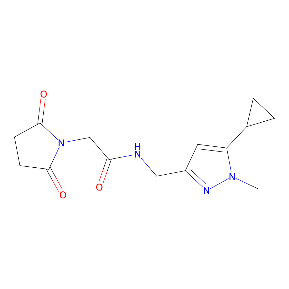 N-((5-cyclopropyl-1-methyl-1H-pyrazol-3-yl)methyl)-2-(2,5-dioxopyrrolidin-1-yl)acetamide molecular structure, CAS 1448057-62-2
