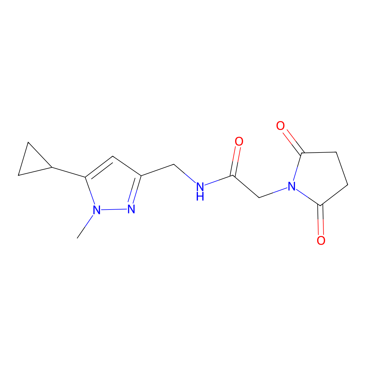 N-((5-cyclopropyl-1-methyl-1H-pyrazol-3-yl)methyl)-2-(2,5-dioxopyrrolidin-1-yl)acetamide molecular structure, CAS 1448057-62-2