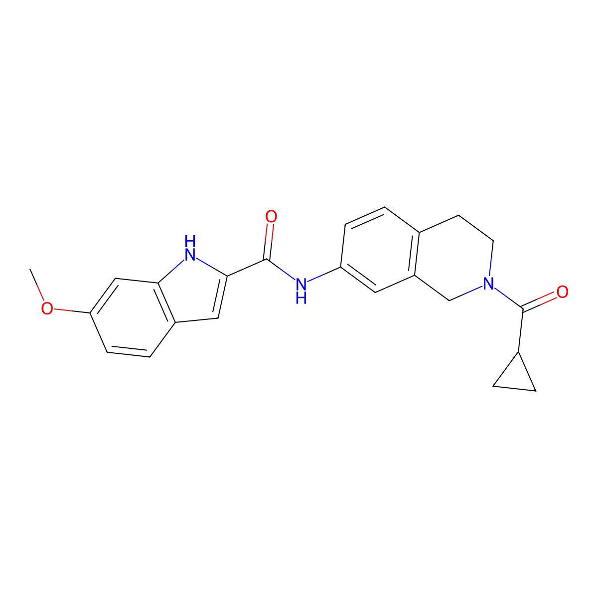 N-(2-(cyclopropanecarbonyl)-1,2,3,4-tetrahydroisoquinolin-7-yl)-6-methoxy-1H-indole-2-carboxamide molecular structure, CAS 1448057-65-5