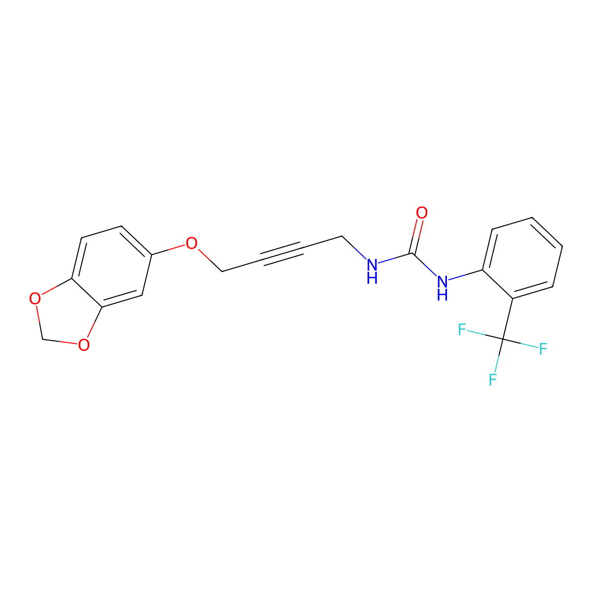 1-(4-(Benzo[d][1,3]dioxol-5-yloxy)but-2-yn-1-yl)-3-(2-(trifluoromethyl)phenyl)urea molecular structure, CAS 1448057-66-6