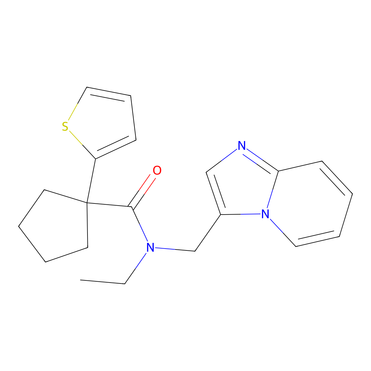 N-ethyl-N-(imidazo[1,2-a]pyridin-3-ylmethyl)-1-(thiophen-2-yl)cyclopentanecarboxamide molecular structure, CAS 1448057-71-3
