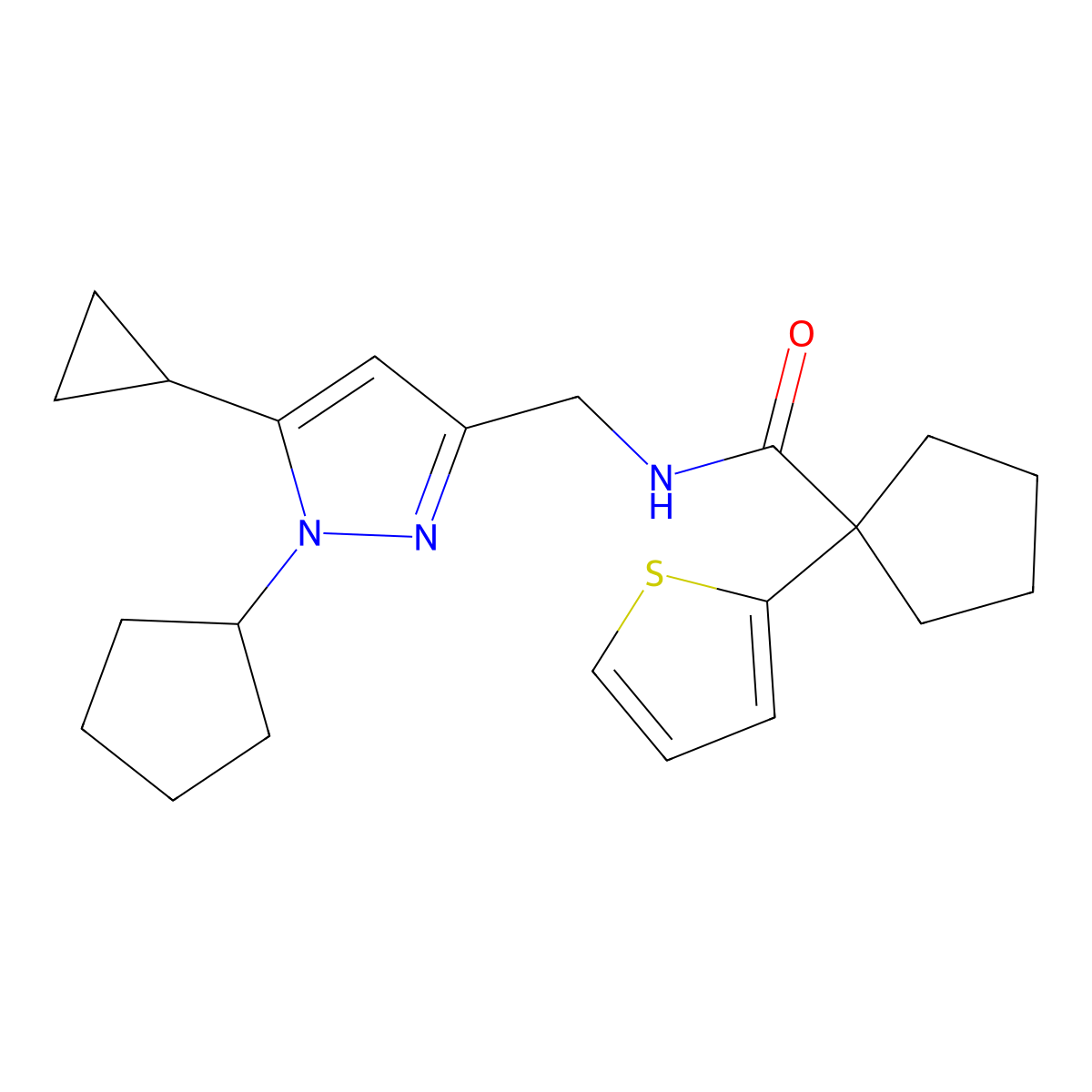 N-((1-cyclopentyl-5-cyclopropyl-1H-pyrazol-3-yl)methyl)-1-(thiophen-2-yl)cyclopentanecarboxamide molecular structure, CAS 1448057-94-0