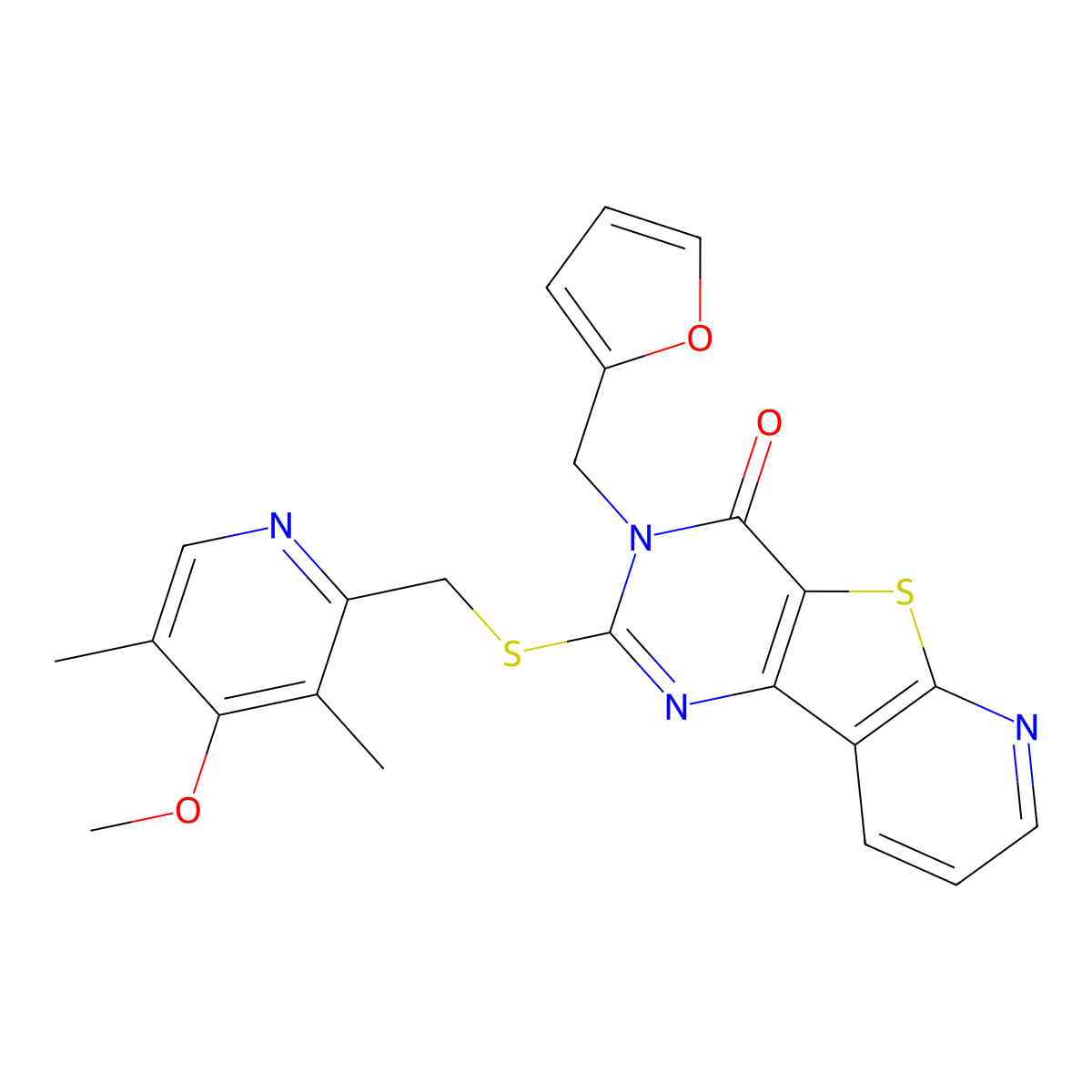 5-[(Furan-2-yl)methyl]-4-{[(4-methoxy-3,5-dimethylpyridin-2-yl)methyl]sulfanyl}-8-thia-3,5,10-triazatricyclo[7.4.0.0^{2,7}]trideca-1(9),2(7),3,10,12-pentaen-6-one molecular structure, CAS 1448058-06-7