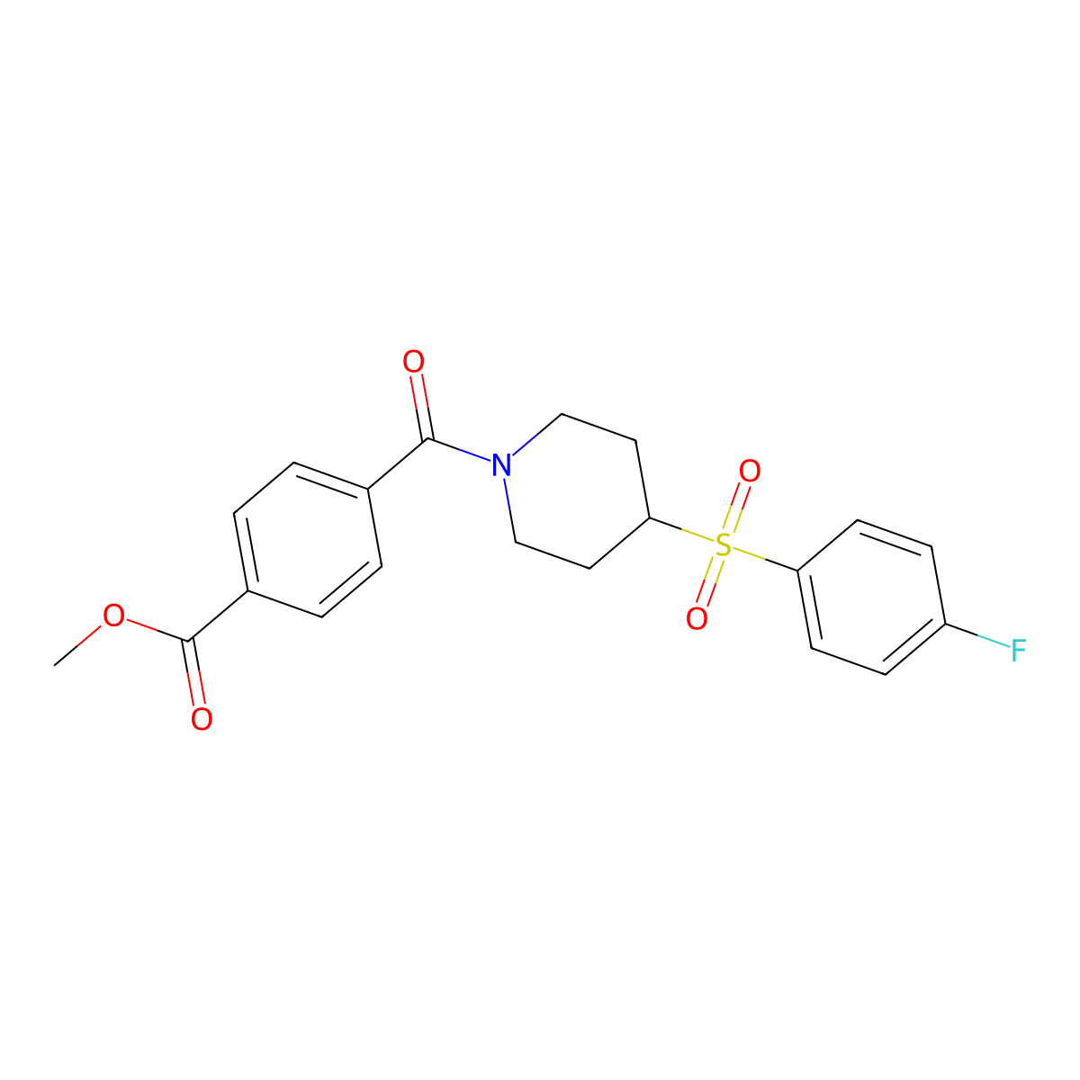 Methyl 4-(4-((4-fluorophenyl)sulfonyl)piperidine-1-carbonyl)benzoate molecular structure, CAS 1448058-08-9