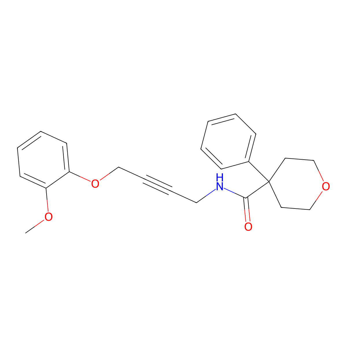 N-(4-(2-methoxyphenoxy)but-2-yn-1-yl)-4-phenyltetrahydro-2H-pyran-4-carboxamide molecular structure, CAS 1448058-12-5