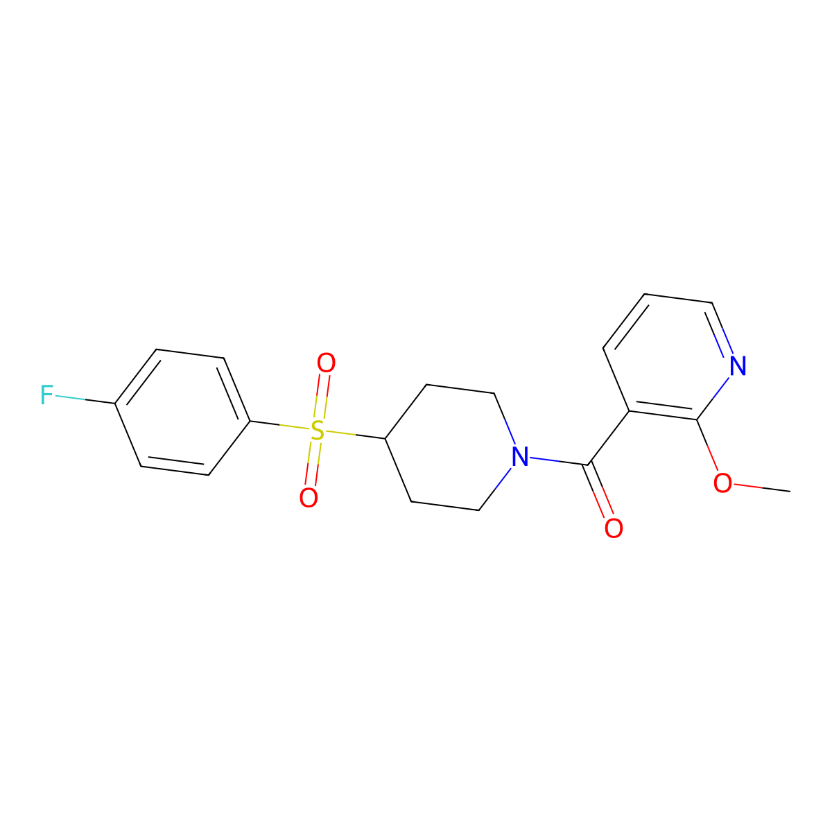 (4-((4-Fluorophenyl)sulfonyl)piperidin-1-yl)(2-methoxypyridin-3-yl)methanone molecular structure, CAS 1448058-16-9
