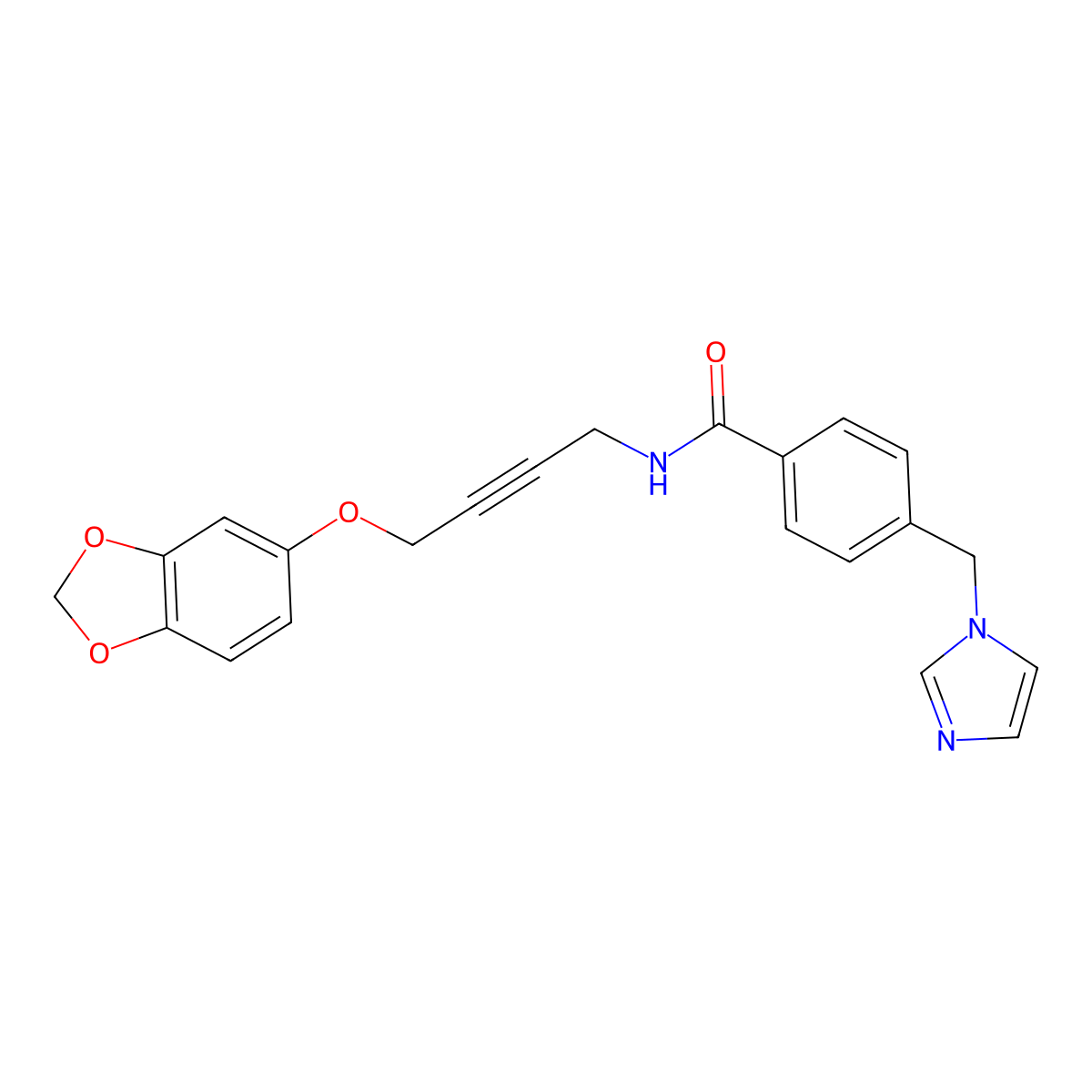 4-((1H-imidazol-1-yl)methyl)-N-(4-(benzo[d][1,3]dioxol-5-yloxy)but-2-yn-1-yl)benzamide molecular structure, CAS 1448058-19-2