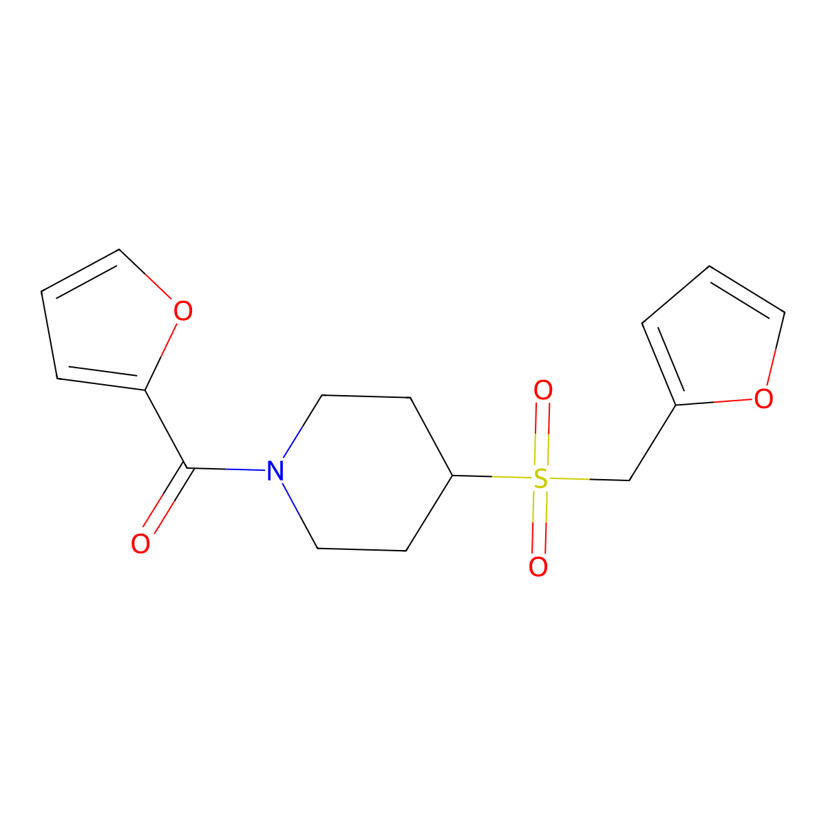Furan-2-yl(4-((furan-2-ylmethyl)sulfonyl)piperidin-1-yl)methanone molecular structure, CAS 1448058-22-7