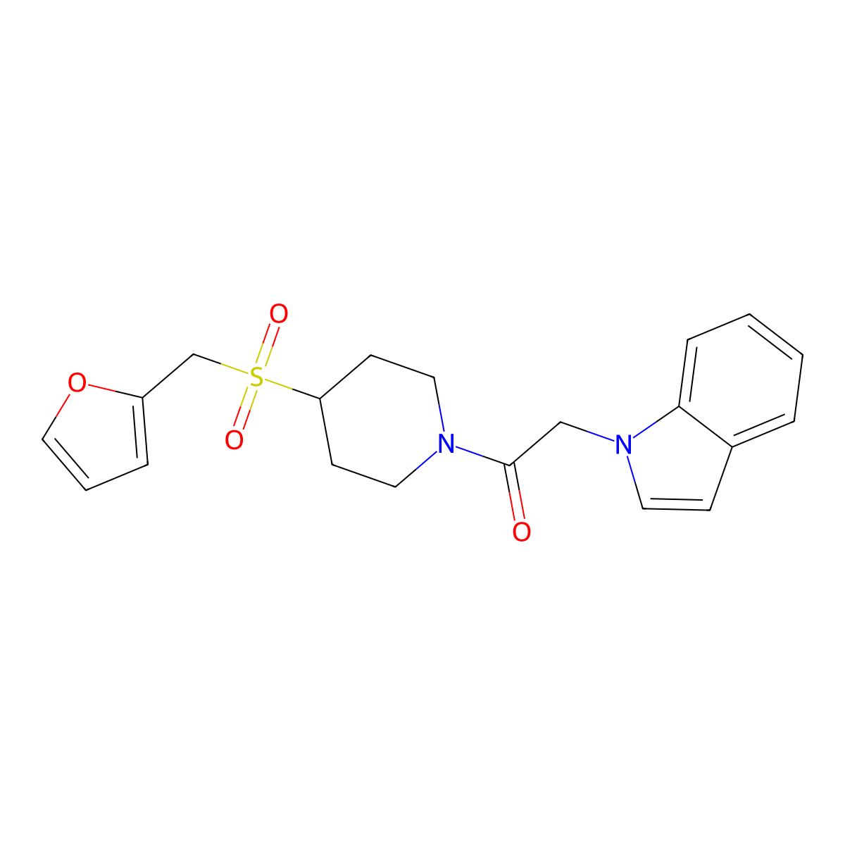 1-(4-((furan-2-ylmethyl)sulfonyl)piperidin-1-yl)-2-(1H-indol-1-yl)ethanone molecular structure, CAS 1448058-28-3