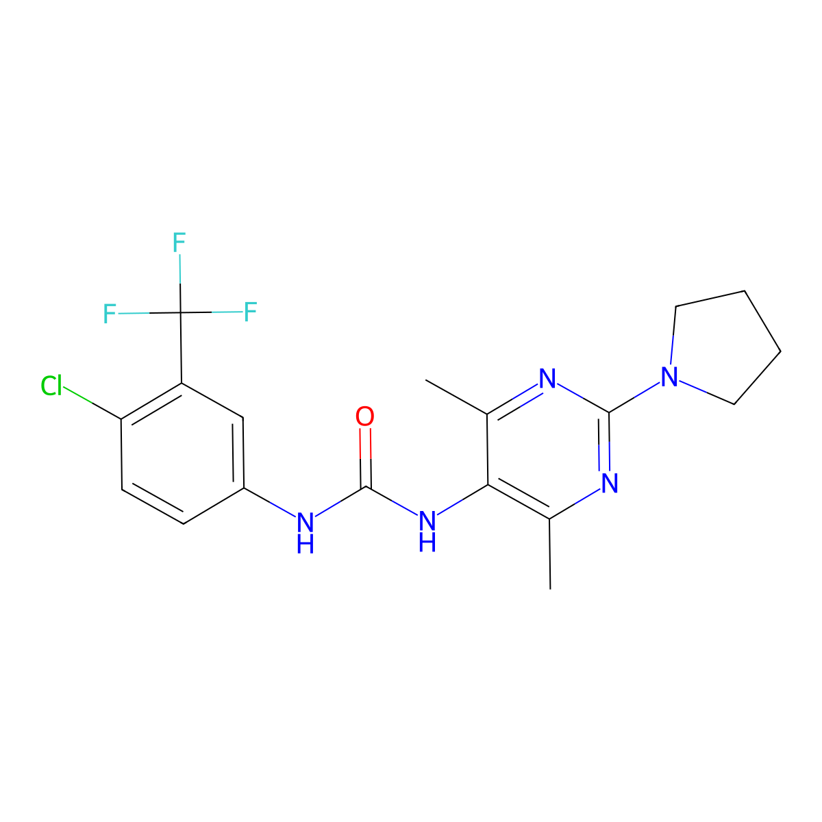 1-(4-Chloro-3-(trifluoromethyl)phenyl)-3-(4,6-dimethyl-2-(pyrrolidin-1-yl)pyrimidin-5-yl)urea molecular structure, CAS 1448058-37-4