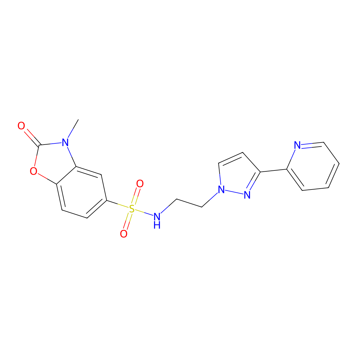 3-methyl-2-oxo-N-(2-(3-(pyridin-2-yl)-1H-pyrazol-1-yl)ethyl)-2,3-dihydrobenzo[d]oxazole-5-sulfonamide molecular structure, CAS 1448058-76-1
