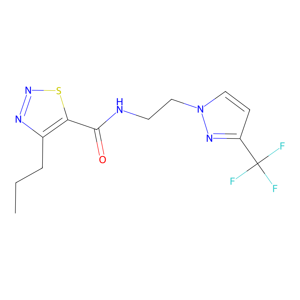 4-propyl-N-{2-[3-(trifluoromethyl)-1H-pyrazol-1-yl]ethyl}-1,2,3-thiadiazole-5-carboxamide molecular structure, CAS 1448058-77-2