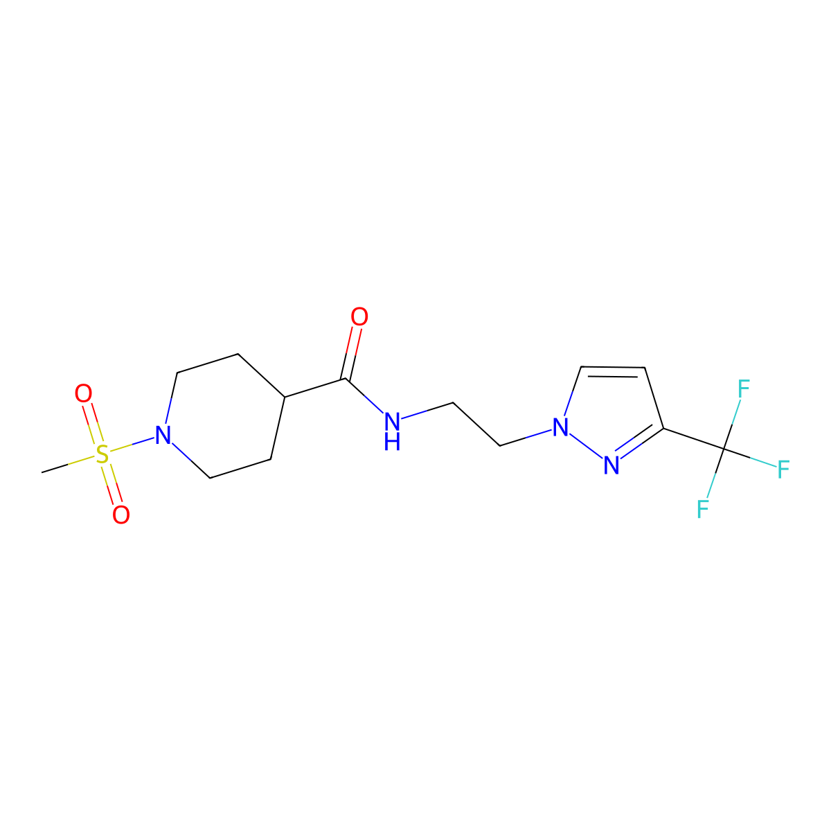 1-(methylsulfonyl)-N-(2-(3-(trifluoromethyl)-1H-pyrazol-1-yl)ethyl)piperidine-4-carboxamide molecular structure, CAS 1448058-80-7