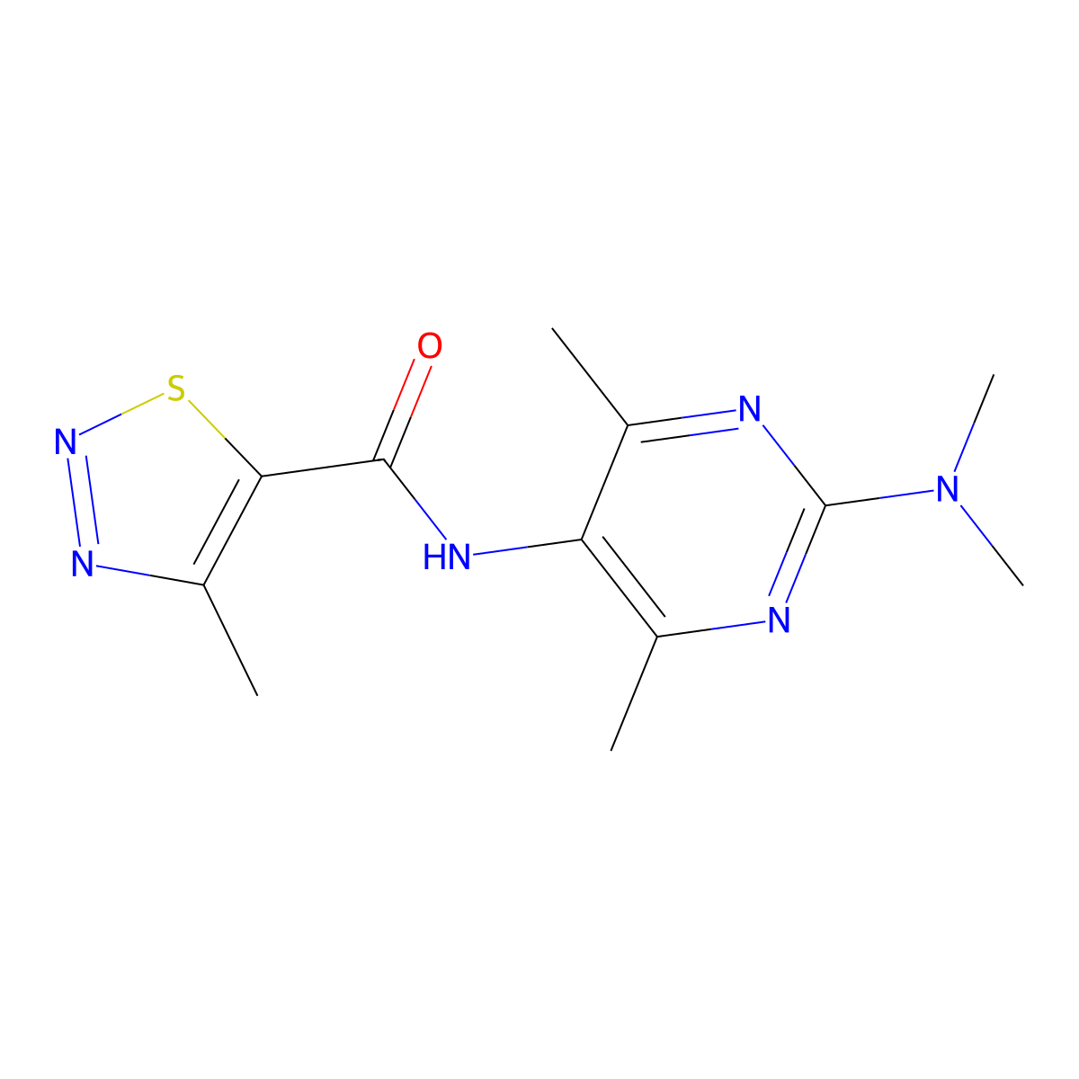 N-[2-(Dimethylamino)-4,6-dimethylpyrimidin-5-YL]-4-methyl-1,2,3-thiadiazole-5-carboxamide molecular structure, CAS 1448058-82-9
