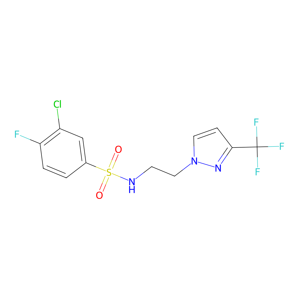3-chloro-4-fluoro-N-(2-(3-(trifluoromethyl)-1H-pyrazol-1-yl)ethyl)benzenesulfonamide molecular structure, CAS 1448058-84-1