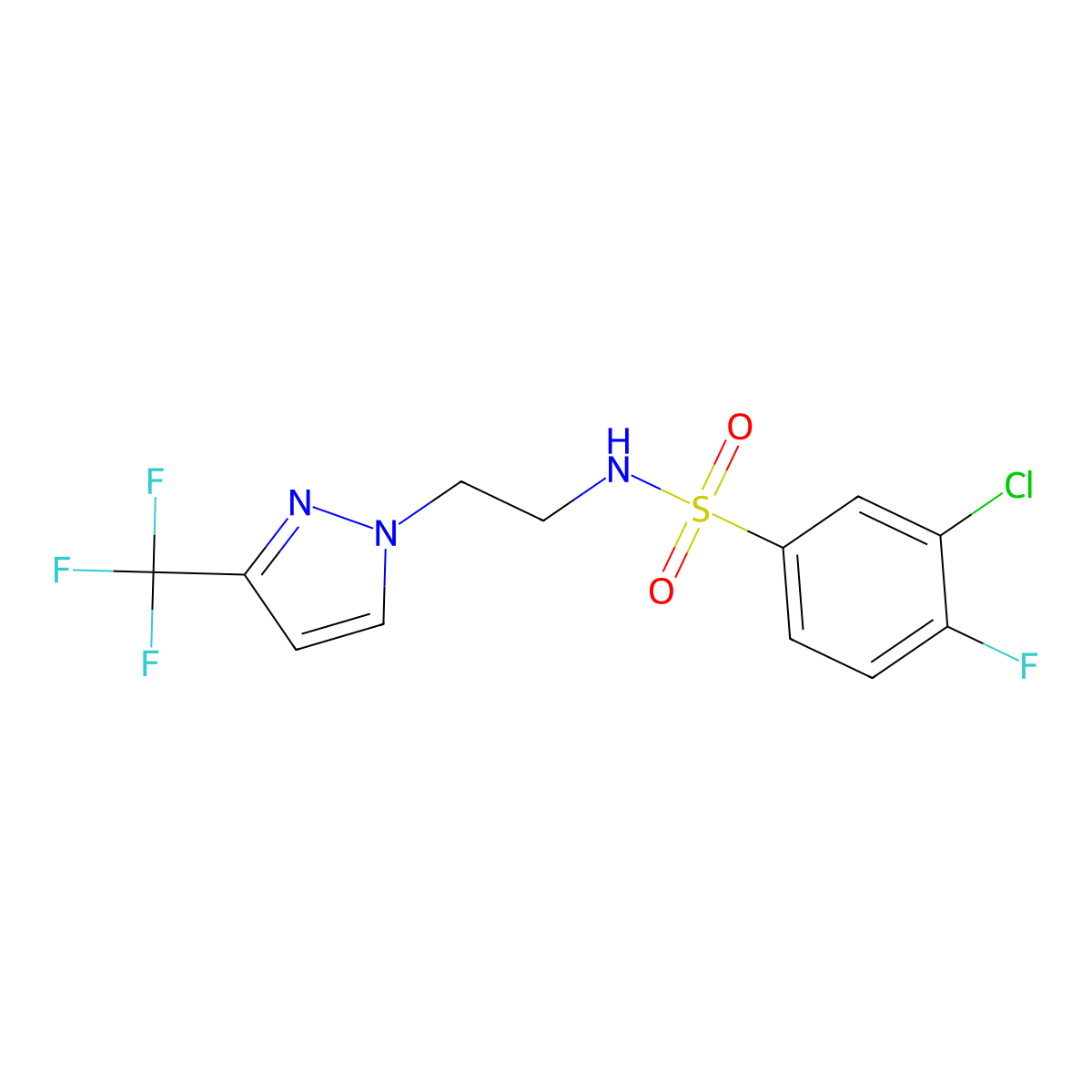 3-chloro-4-fluoro-N-(2-(3-(trifluoromethyl)-1H-pyrazol-1-yl)ethyl)benzenesulfonamide molecular structure, CAS 1448058-84-1