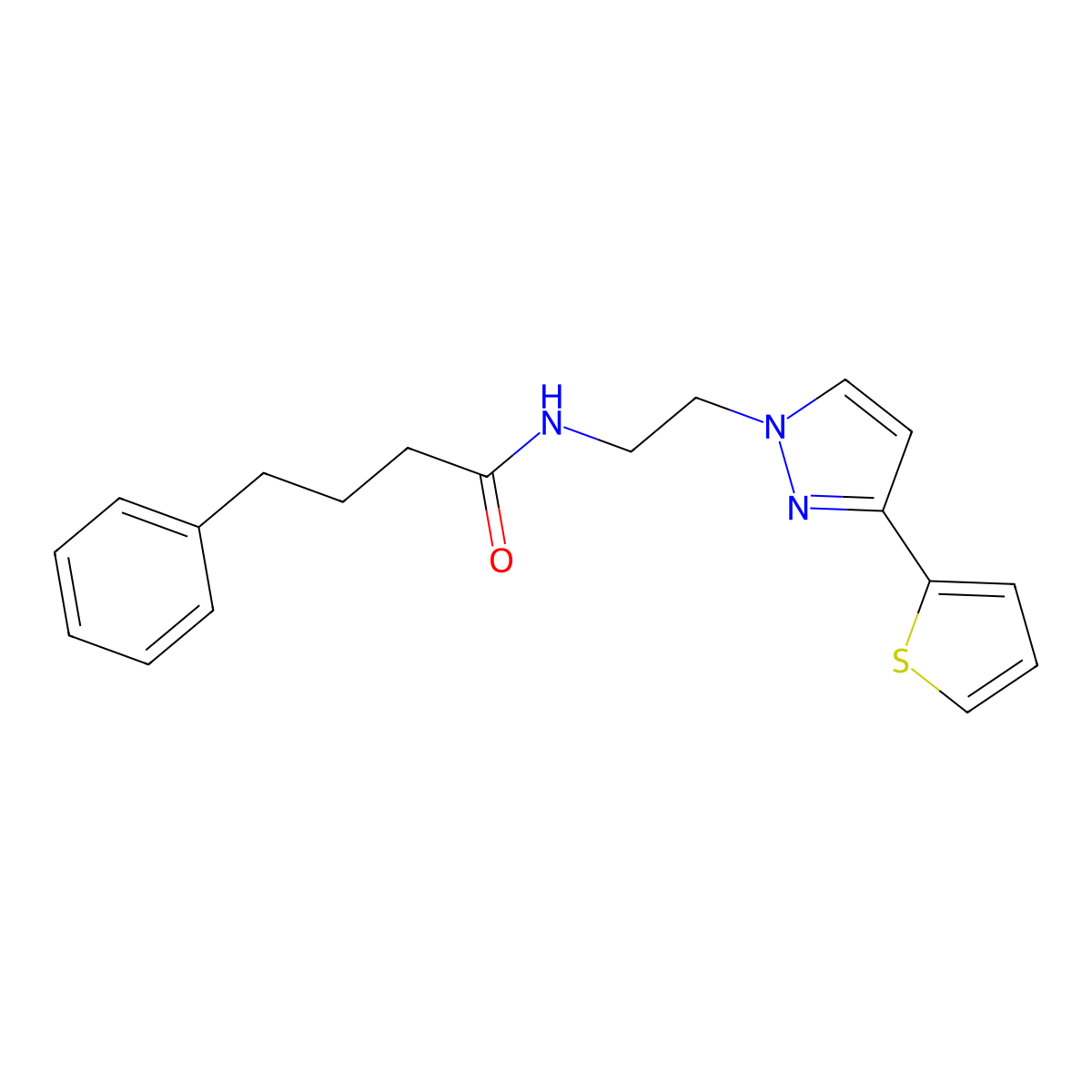 4-phenyl-N-(2-(3-(thiophen-2-yl)-1H-pyrazol-1-yl)ethyl)butanamide molecular structure, CAS 1448058-87-4
