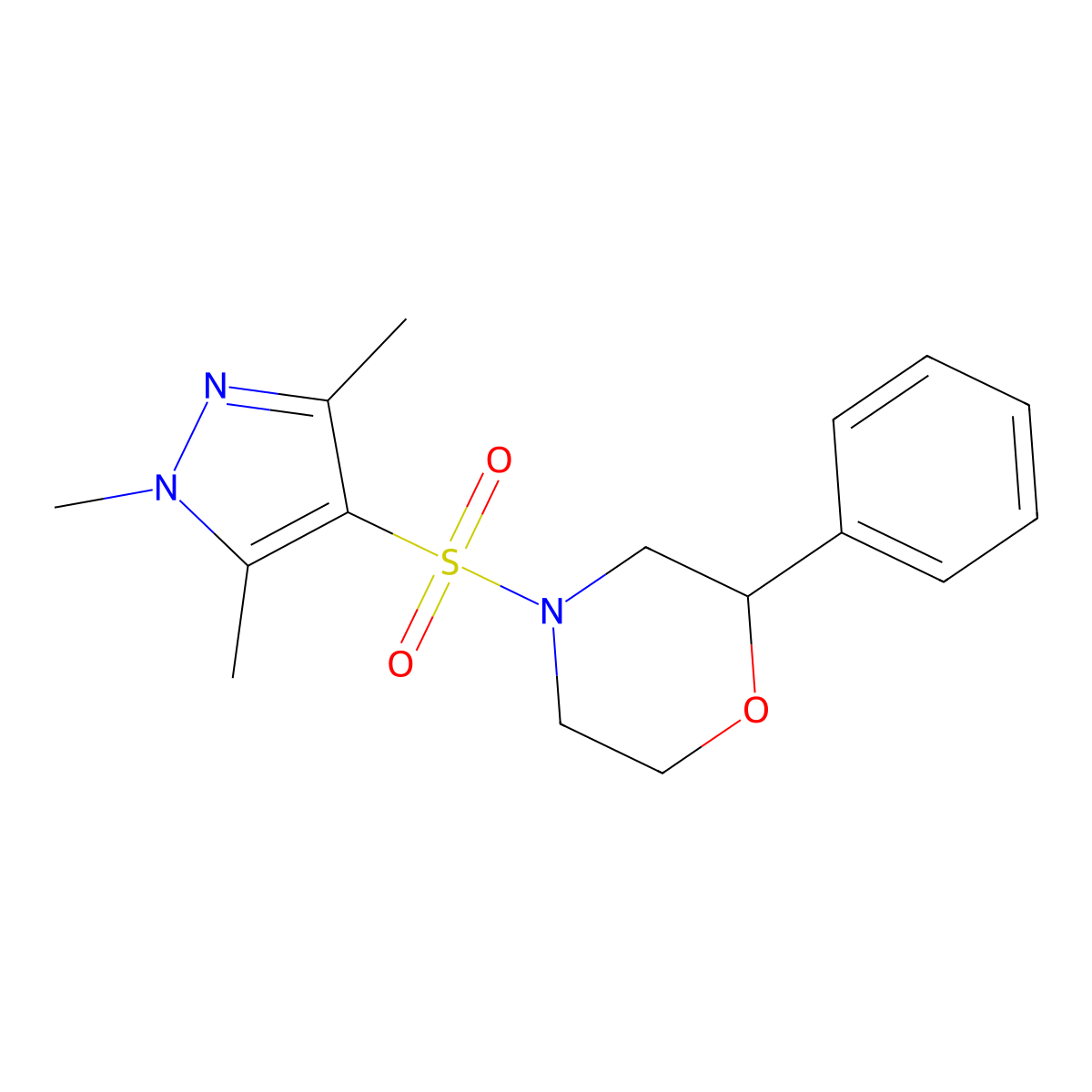 2-phenyl-4-[(1,3,5-trimethyl-1H-pyrazol-4-yl)sulfonyl]morpholine molecular structure, CAS 1448059-24-2