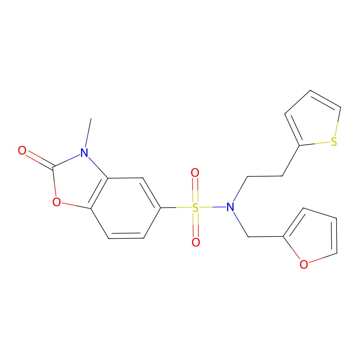 N-(furan-2-ylmethyl)-3-methyl-2-oxo-N-(2-(thiophen-2-yl)ethyl)-2,3-dihydrobenzo[d]oxazole-5-sulfonamide molecular structure, CAS 1448059-27-5