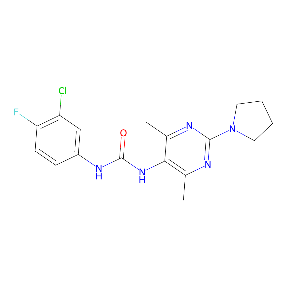 1-(3-Chloro-4-fluorophenyl)-3-[4,6-dimethyl-2-(pyrrolidin-1-YL)pyrimidin-5-YL]urea molecular structure, CAS 1448059-31-1