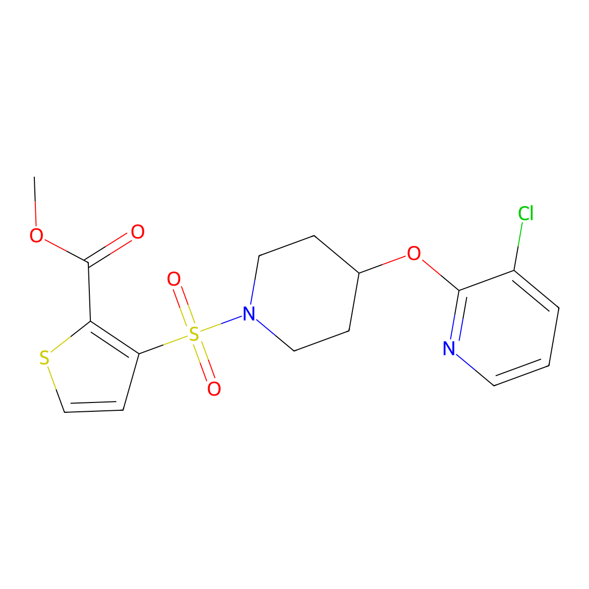 Methyl 3-((4-((3-chloropyridin-2-yl)oxy)piperidin-1-yl)sulfonyl)thiophene-2-carboxylate molecular structure, CAS 1448059-64-0